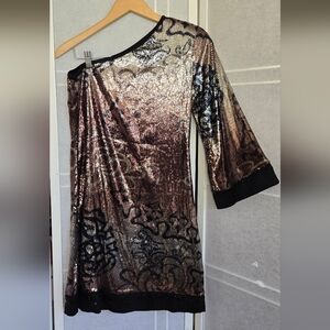 Hale Bob Black Rose Gold One Shoulder  Sequin Dress